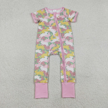 Baby Girls Short Sleeves Rabbits Camo Zipper Footie Easter Romper