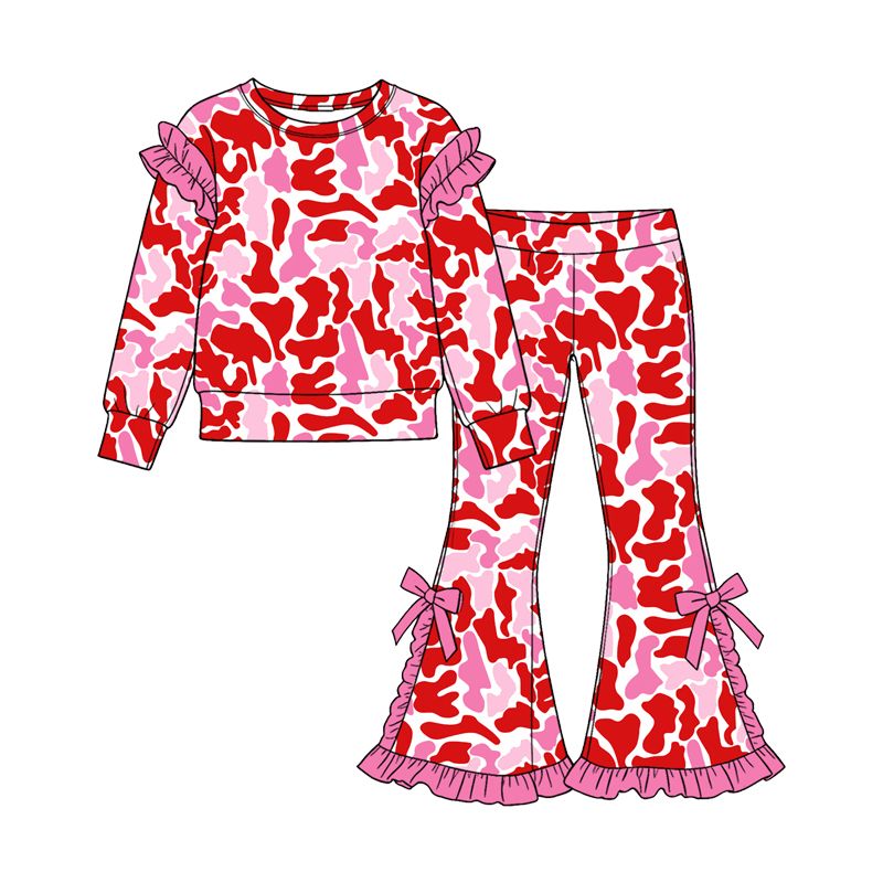 Moq 5 Preorder Baby Girls Kids Long Sleeves Camo Shirt Bows Pants Set Pink Clothes