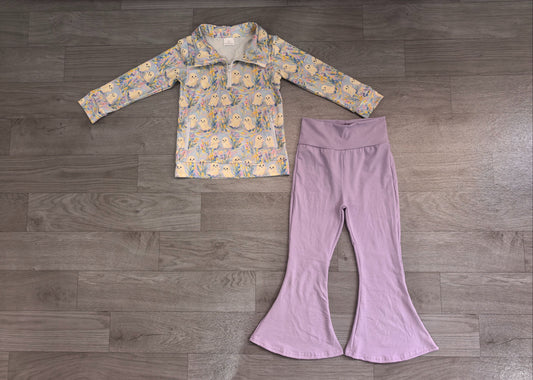 No moq Preorder Baby Girls Kids Ghosts Flower Zipper Pockets Tops Purple Pants Set Halloween Clothes