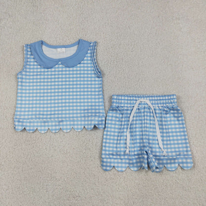 Baby Girls Kids Blue Plaid Shirt Scallop Shorts Summer Set Clothes