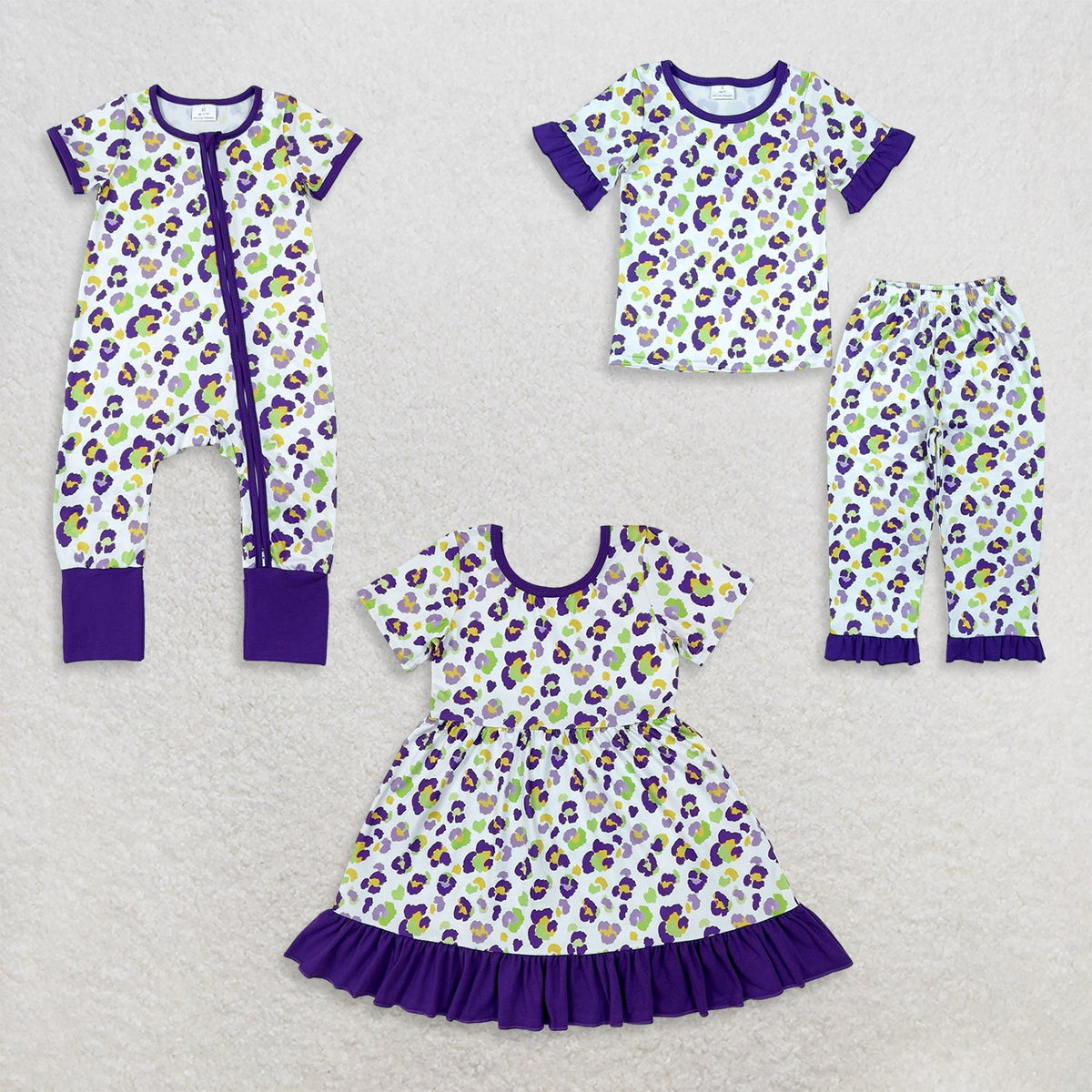 Sibling Baby Girls Kids Short Sleeves Leopard Romper Dress Set Mardi Gras Clothes