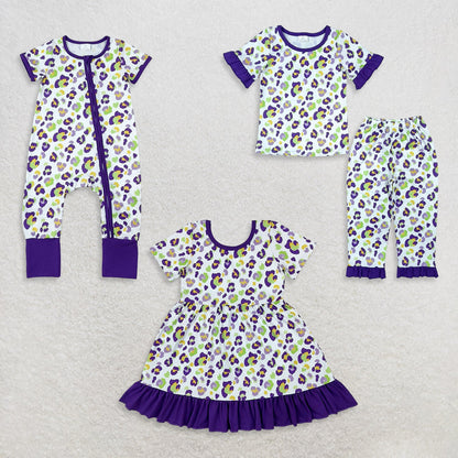 Sibling Baby Girls Kids Short Sleeves Leopard Romper Dress Set Mardi Gras Clothes