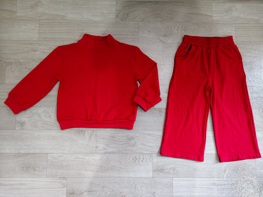 No moq Preorder Baby Girl Kids Long Sleeves Dark Red Shirt Pockets Pants Cotton Set Clothes