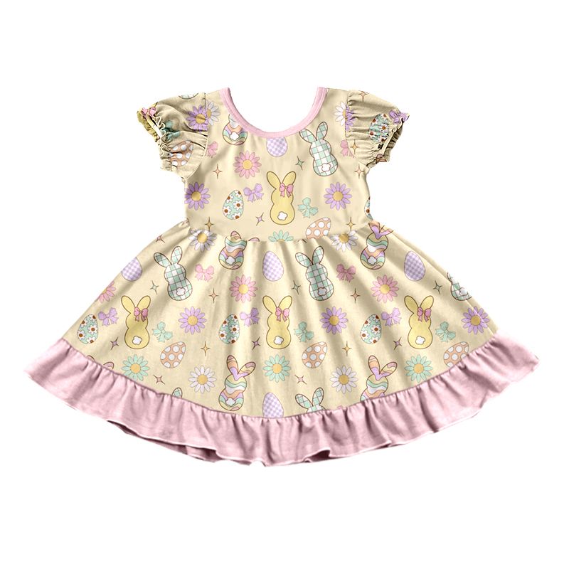 Moq 5 Preorder Baby Girls Kids Rabbits Bows Eggs Easter Knee Length Dress Clothes