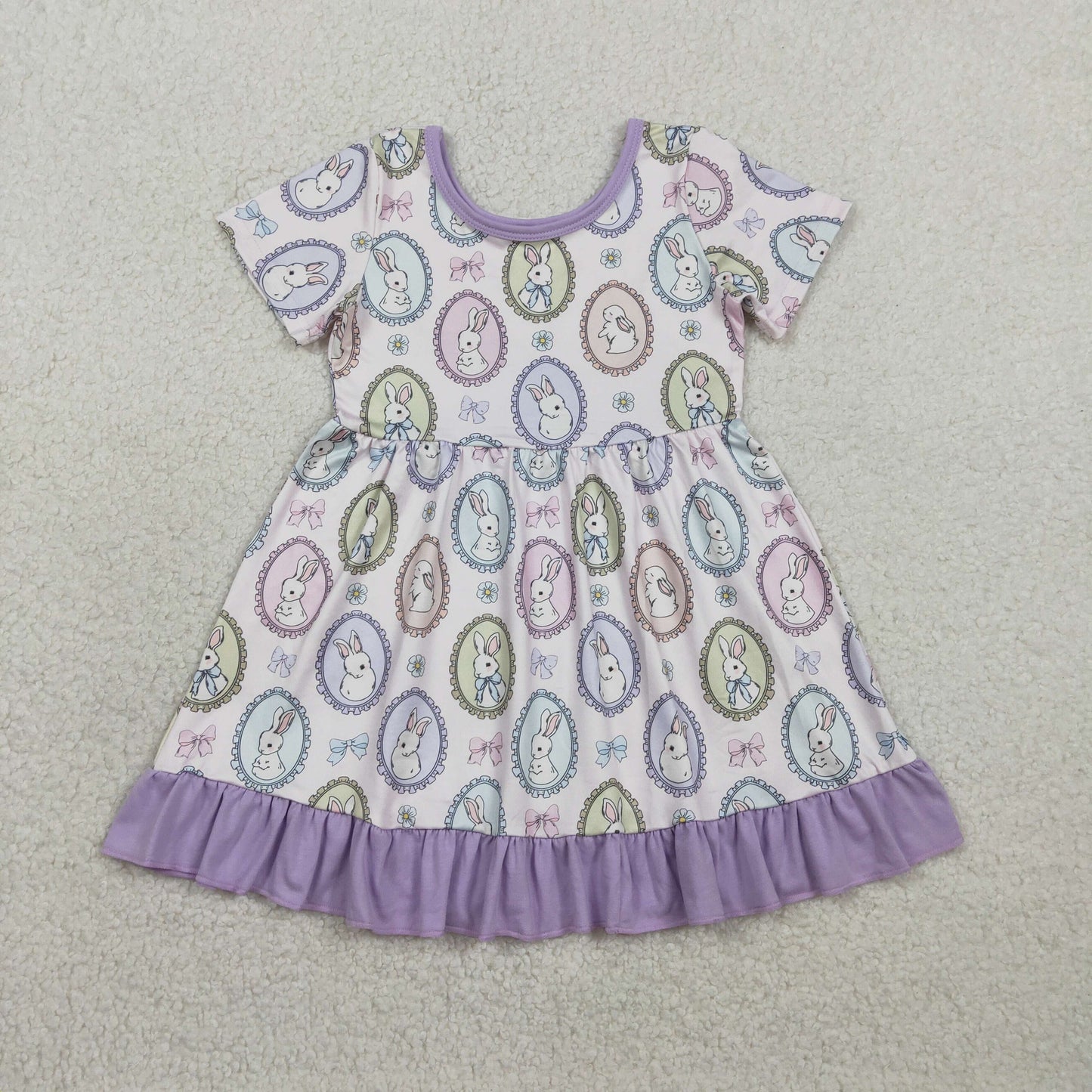 RTS Baby Girls Kids Short Sleeves Rabbits Flower Bows Easter Knee Length Dress