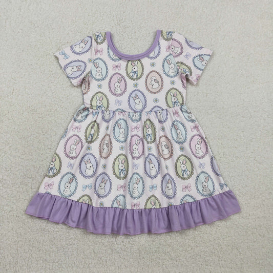 RTS Baby Girls Kids Short Sleeves Rabbits Flower Bows Easter Knee Length Dress