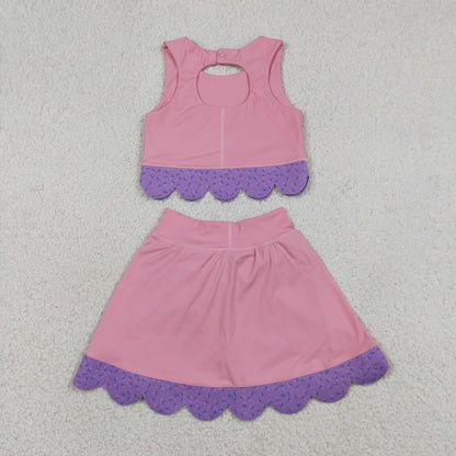Baby Girls Kids Sleeveless Pink Tops Purple Bows Skirt Shorts Yoga Clothes Set