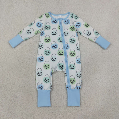 Baby Boy Long Sleeves Pumpkins Baskets Halloween Zipper Romper