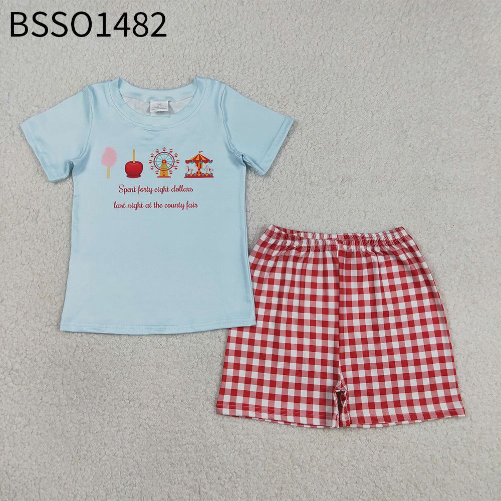 RTS Sibling Baby Boys Kids Short Sleeves Blue Shirt Red Plaid Shorts Set Bubble Romper