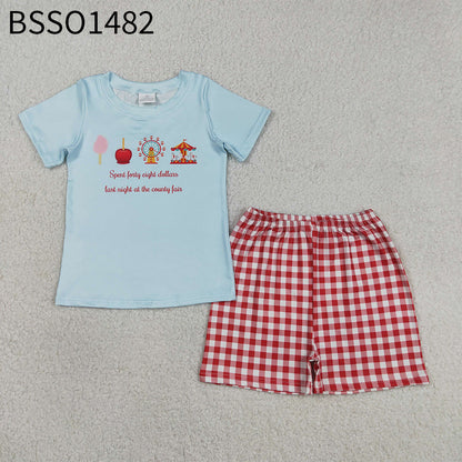 RTS Sibling Baby Boys Kids Short Sleeves Blue Shirt Red Plaid Shorts Set Bubble Romper