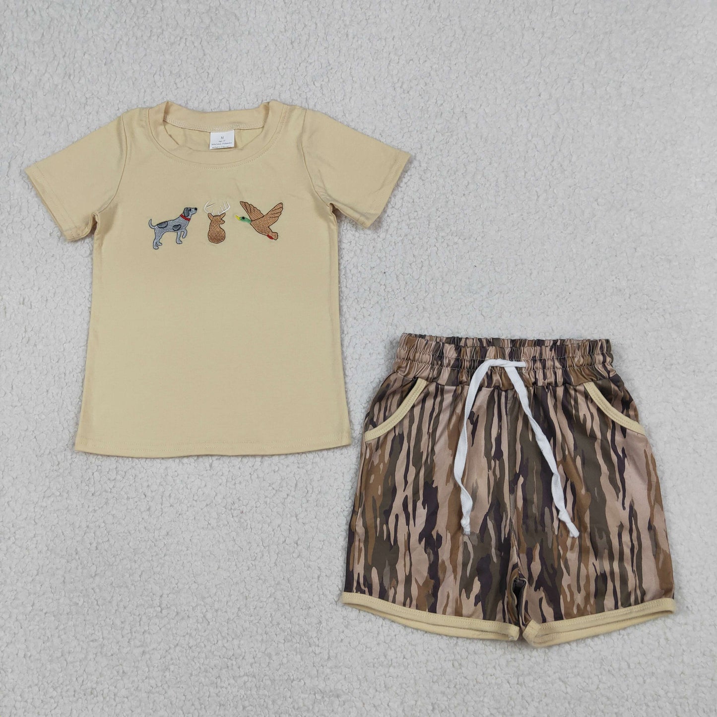 Baby Boys Kids Short Sleeves Embroidery Deer Dogs Duck Shirt Camo Pockets Shorts Set