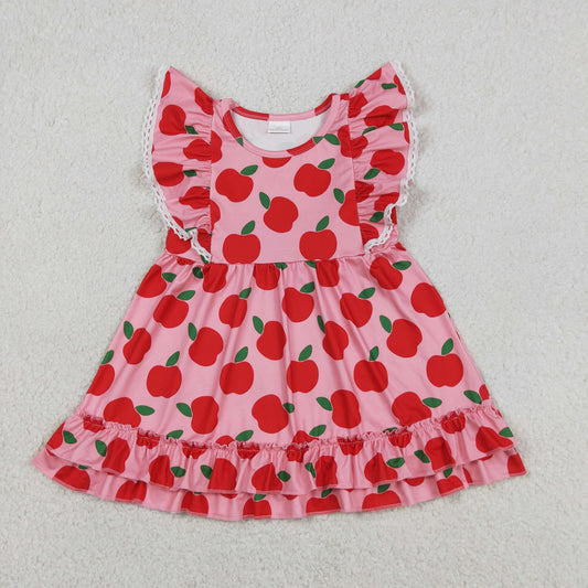 Baby Girls Short Sleeves Apple Back to School Ruffle Knee Length Dress
