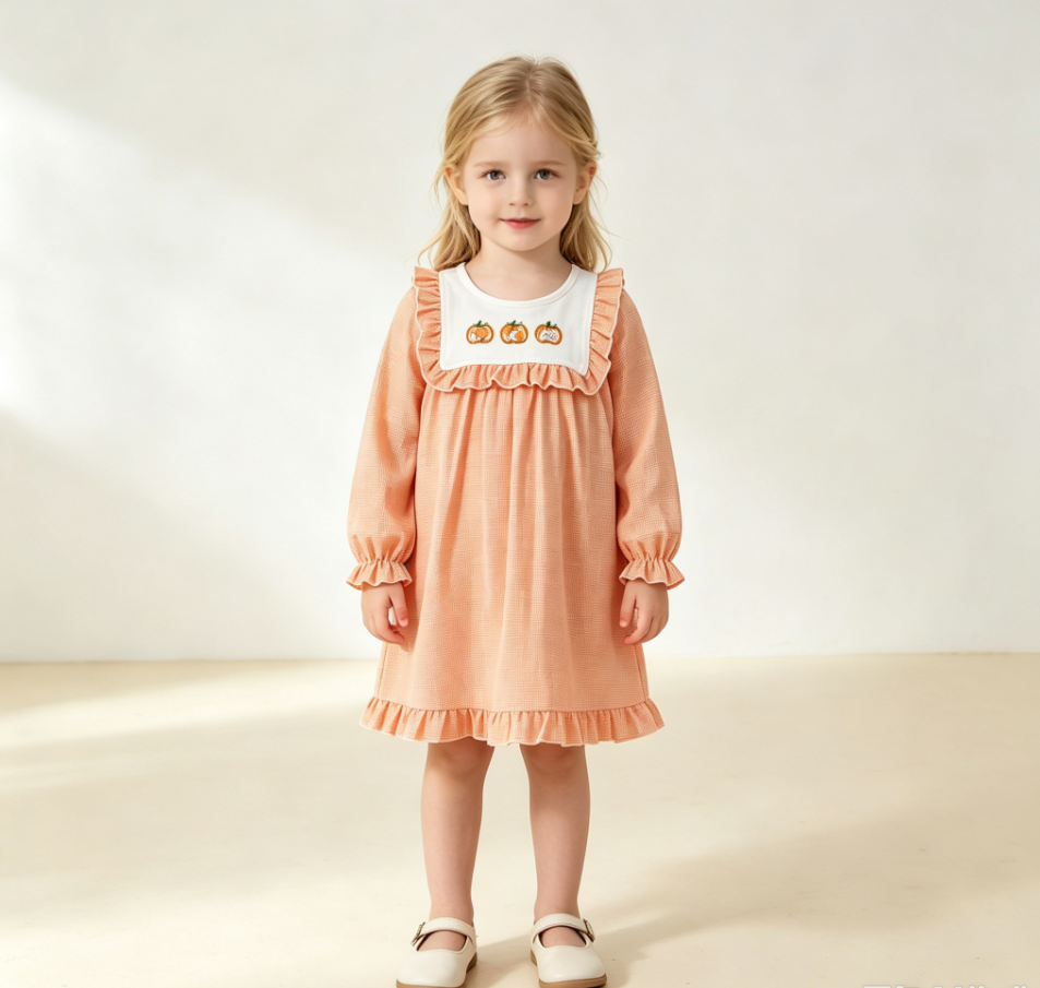 Baby Girls Kids Embroidery Pumpkins Plaid Knee Length Fall Dress Clothes