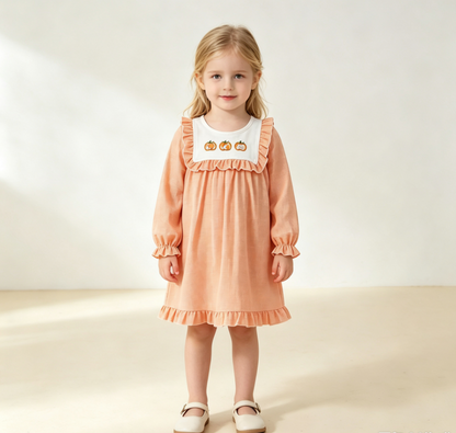 Baby Girls Kids Embroidery Pumpkins Plaid Knee Length Fall Dress Clothes