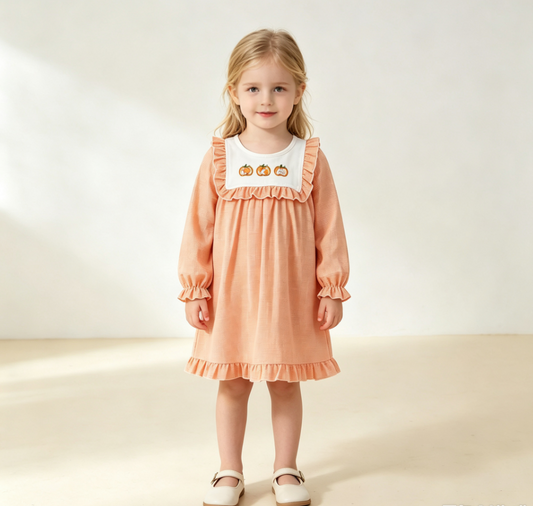 Baby Girls Kids Embroidery Pumpkins Plaid Knee Length Fall Dress Clothes