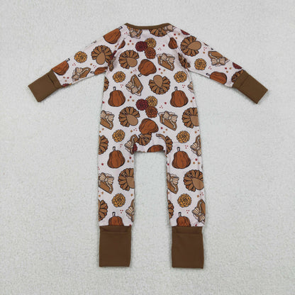 Girls Kids turkey Pumpkin Pie Fall Thanksgiving Zipper Sleeper Romper