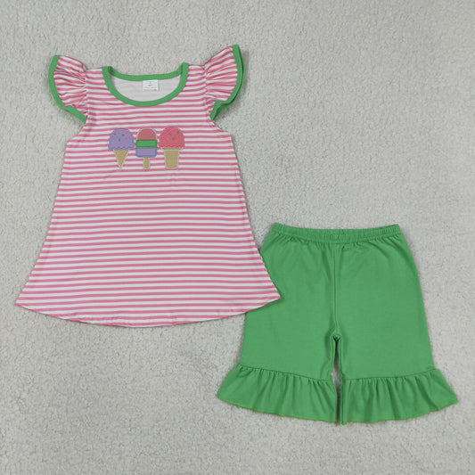 Baby Girl Short Sleeves Embroidery Popsicles Stripes Tunic Green Ruffle Short Set