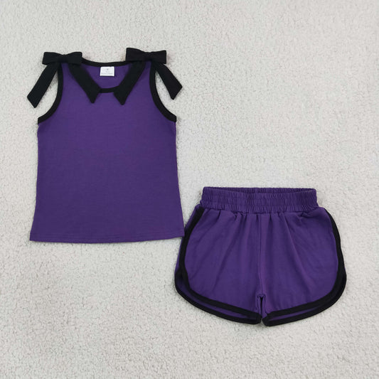 Baby Girls Kids Sleeveless Black Bows Shirt Shorts Purple Set Summer Clothes