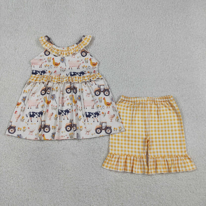 Sibling Baby Girls Kids Farm Animals Tractors Tops Shorts Set Dress Romper Summer Clothes