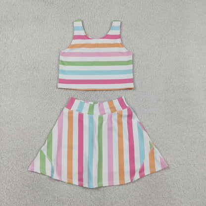 RTS Baby Girls Kids Sleeveless Colorful Stripes Shirt Shorts Skirt Skort Yoga Active Clothes Set