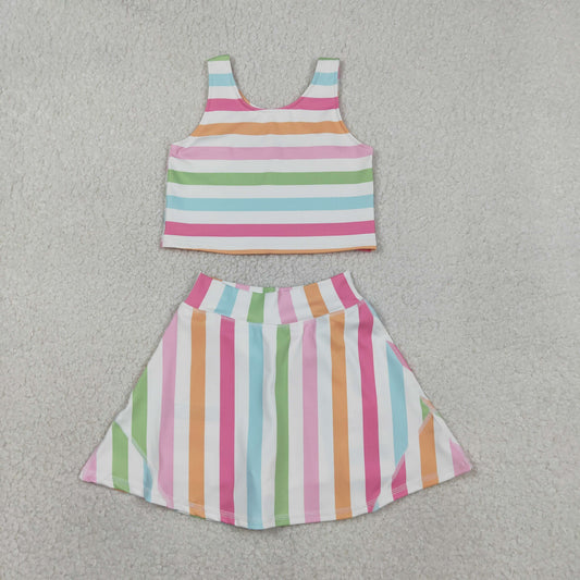 RTS Baby Girls Kids Sleeveless Colorful Stripes Shirt Shorts Skirt Skort Yoga Active Clothes Set