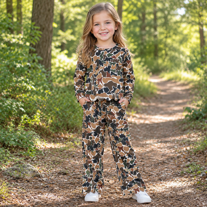 Baby Girls Kids Long Sleeves Brown Camo Shirt Pants Scallop Set Clothes RTS