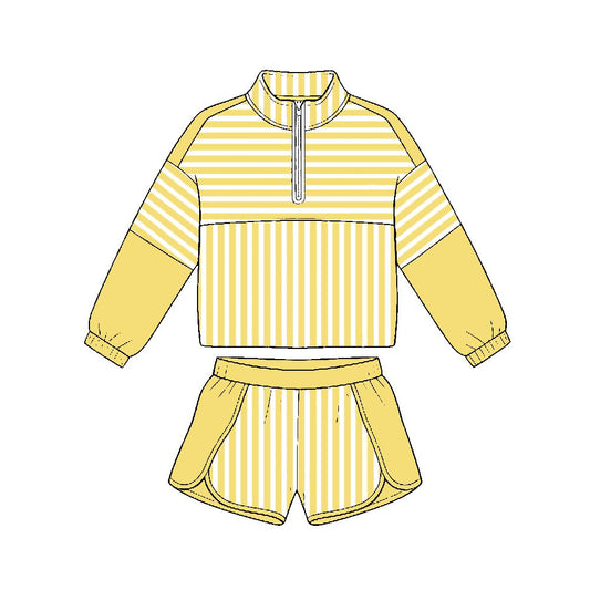 Moq 5 Preorder Baby Girls Kids Long Sleeves Yellow Stripes Zipper Shirt Shorts Set Yoga Active Clothes
