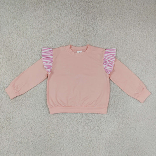 Baby Girls Toddler Stripes Ruffle Long Sleeves Pink Shirt Cotton Clothes