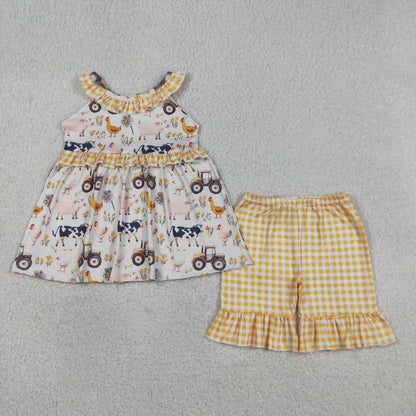 Sibling Baby Girls Kids Farm Animals Flower Ruffle Tops Plaid Shorts Summer Clothes Sets