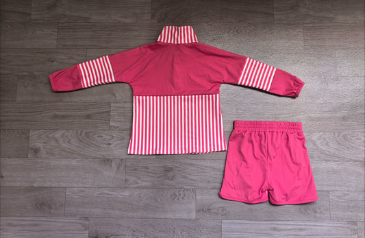 No moq Preorder Baby Girls Kids Pink Stripes Zipper Pullover Shorts Yoga Active Set Clothes