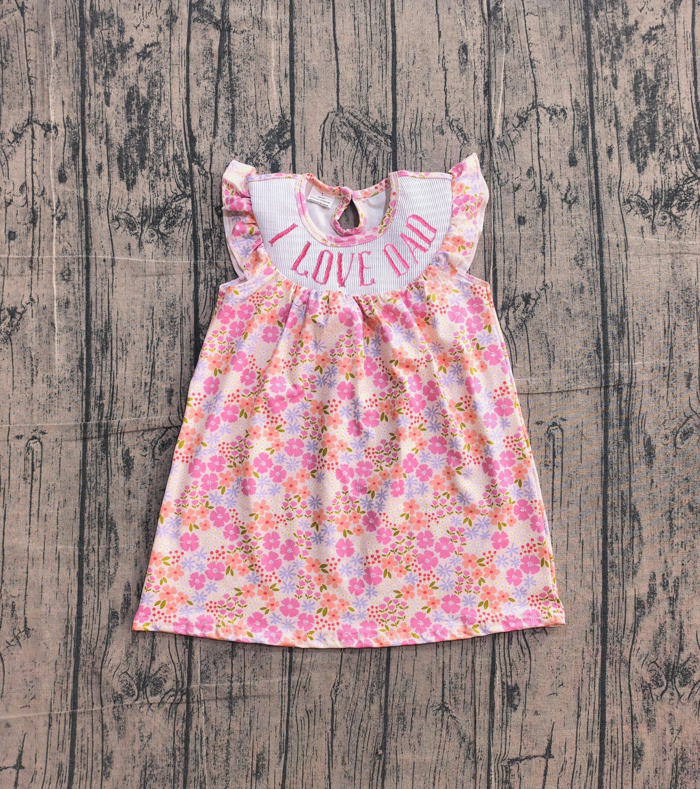 Preorder Baby Girls Kids Bows Short Sleeves Embroidery I Love Dad Flower Smocked Dress
