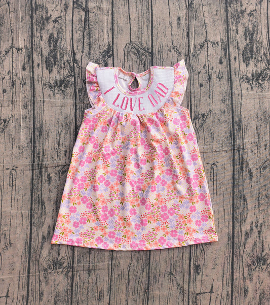 Preorder Baby Girls Kids Bows Short Sleeves Embroidery I Love Dad Flower Smocked Dress