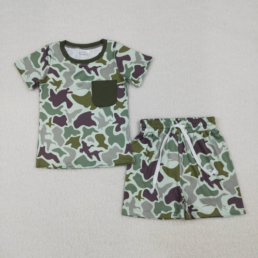 Baby Boys Short Sleeves Pocket Shirt Ducks Green Camo Shorts Clothes Set
