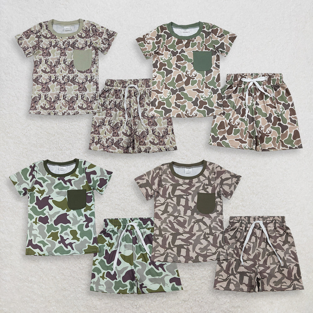 Sibling Baby Boys Kids Short Sleeves Deer Ducks Deer Shirts Camo Pockets Shorts Sets Hunting Clothes