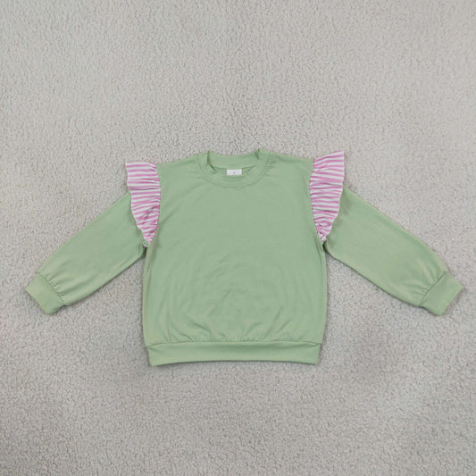 Baby Girls Toddler Stripes Ruffle Long Sleeves Green Shirt Cotton Clothes RTS