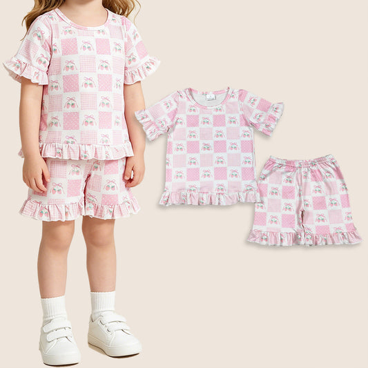 Baby Girls Short Sleeves Strawberry Bows Shirt Shorts Summer Clothes Set