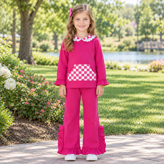 Baby Girls Kids Checked Pocket Hoodie Shirt Pants Hot Pink Set Cotton Clothes