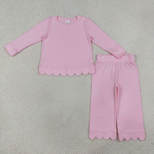 Baby Girls Kids Long Sleeves Pink Shirt Pants Set Pajamas Scallop Clothes