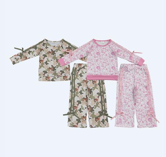 Sibling Baby Girls Kids Bows Long Sleeves Flower Camo Shirts Pants Sets Clothes