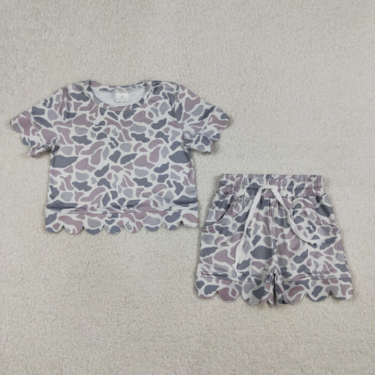 RTS Baby Girls Short Sleeves Grey Camo Shirt Scallop Shorts Summer Clothes Set