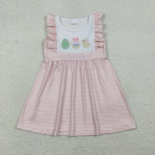 RTS Baby Girls Short Sleeves Embroidery Rabbits Eggs Easter Pink Stripes Knee Length Dress