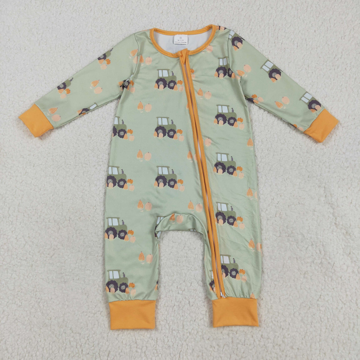 Baby Boy Long Sleeves Pumpkins Tractors Zipper Fall Romper