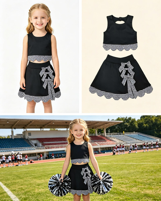 Baby Girls Kids Scallop Shirt Black Plaid Bows Skirt Shorts Set Yoga Active Clothes