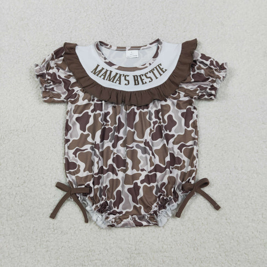 RTS Sibling Baby Girls Kids Embroidery Mama's Bestie Camo Bows Bubble Rompers