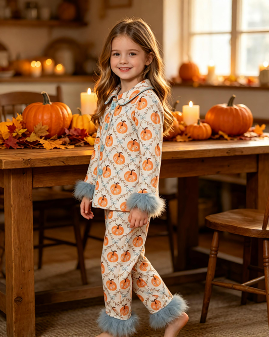 Baby Girls Kids Fur Long Sleeves Flower Pumpkins Buttons Shirt Pants Fall Pajamas Set Clothes