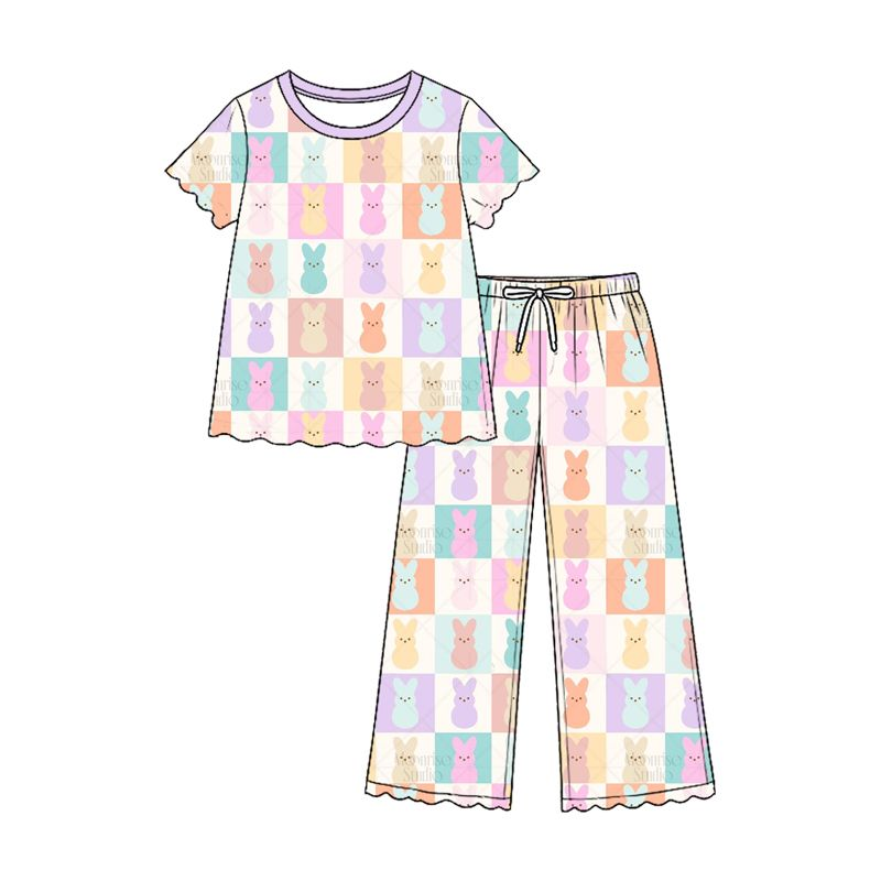 Moq 5 Preorder Baby Girls Kids Rabbits Checked Shirt Scallop Pants Easter Set Clothes