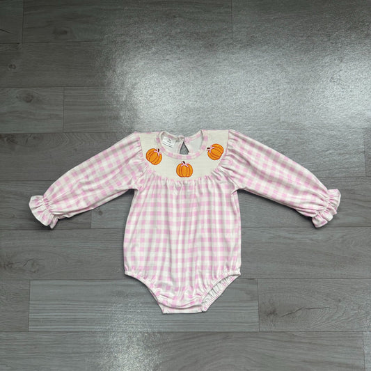 No moq  Preorder Baby Girls Infant Embroidery Pumpkins Bows Plaid Bubble Romper Smocked Clothes