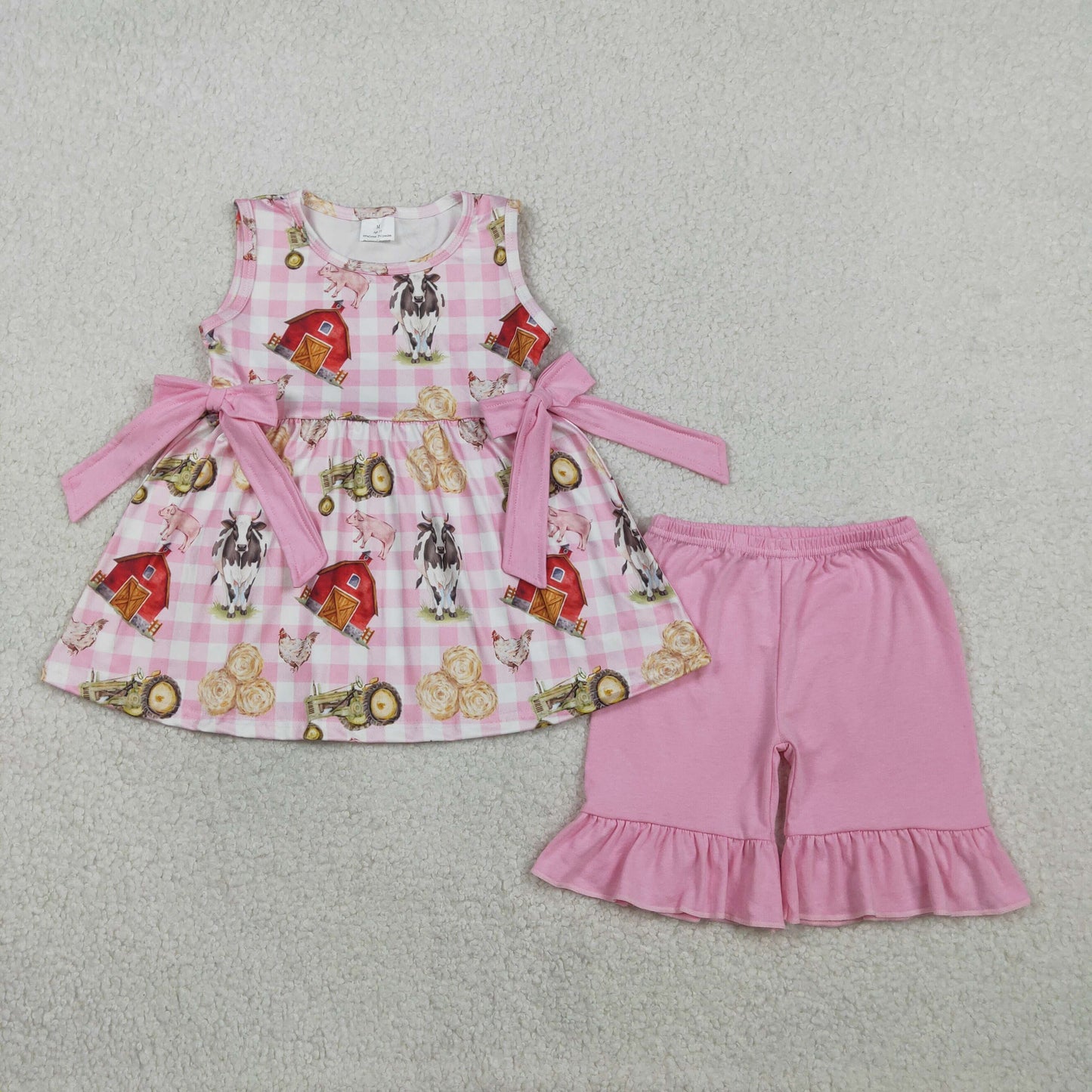 RTS Baby Girls Sleeveless Farm Animals Plaid Tunic Pink Shorts Clothes Set