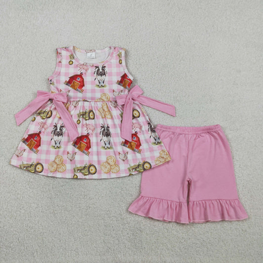 RTS Baby Girls Sleeveless Farm Animals Plaid Tunic Pink Shorts Clothes Set