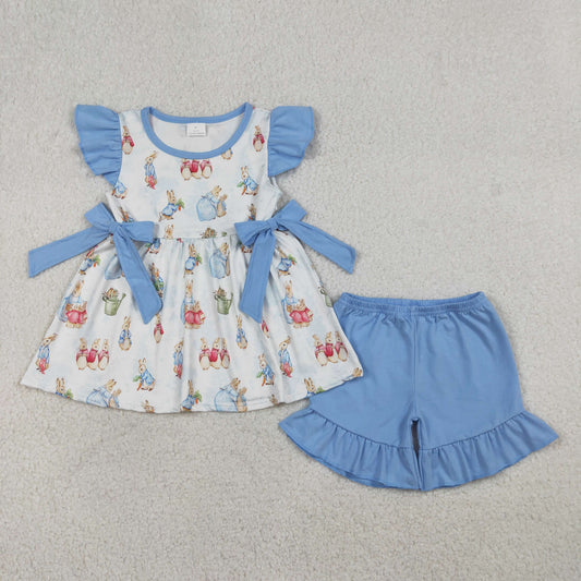 RTS Baby Girls Short Sleeves Rabbits Blue Bows Easter Bubble Romper